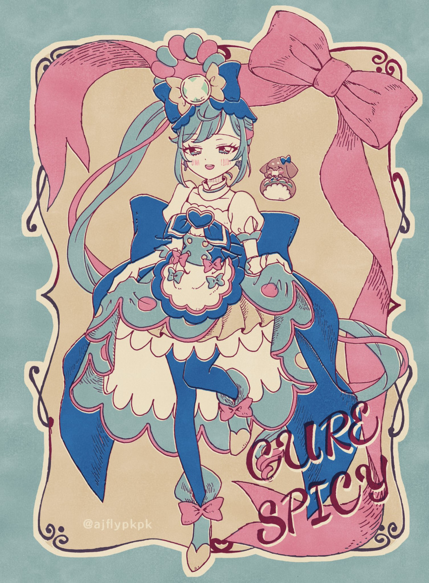 1girl, aji_fry, ankle_bow, blue_bow, blue_eyes, blue_hair, blue_pantyhose, bow