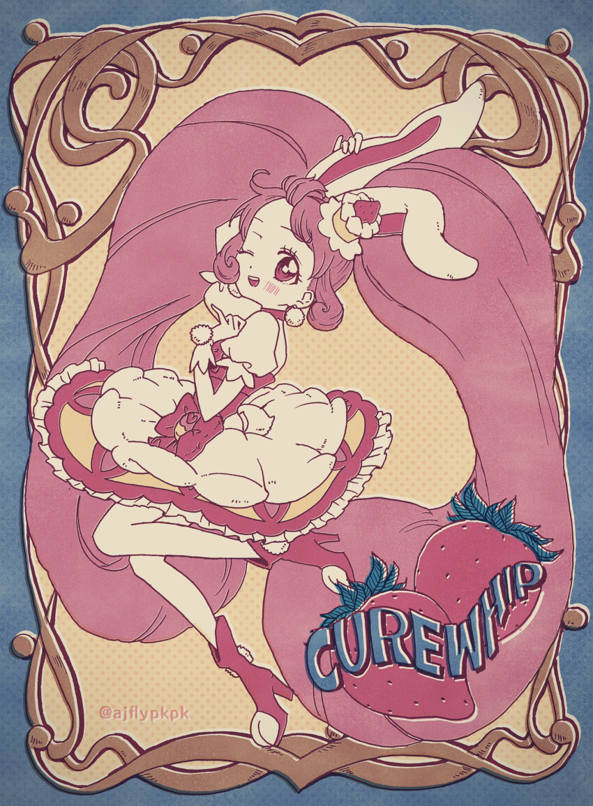 1girl, ;d, aji_fry, animal_ears, bow, cake, cake_hair_ornament, choker