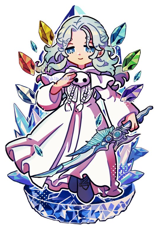 1girl, black_footwear, blue_eyes, blue_hair, bright_pupils, capelet, cel_shading, chibi