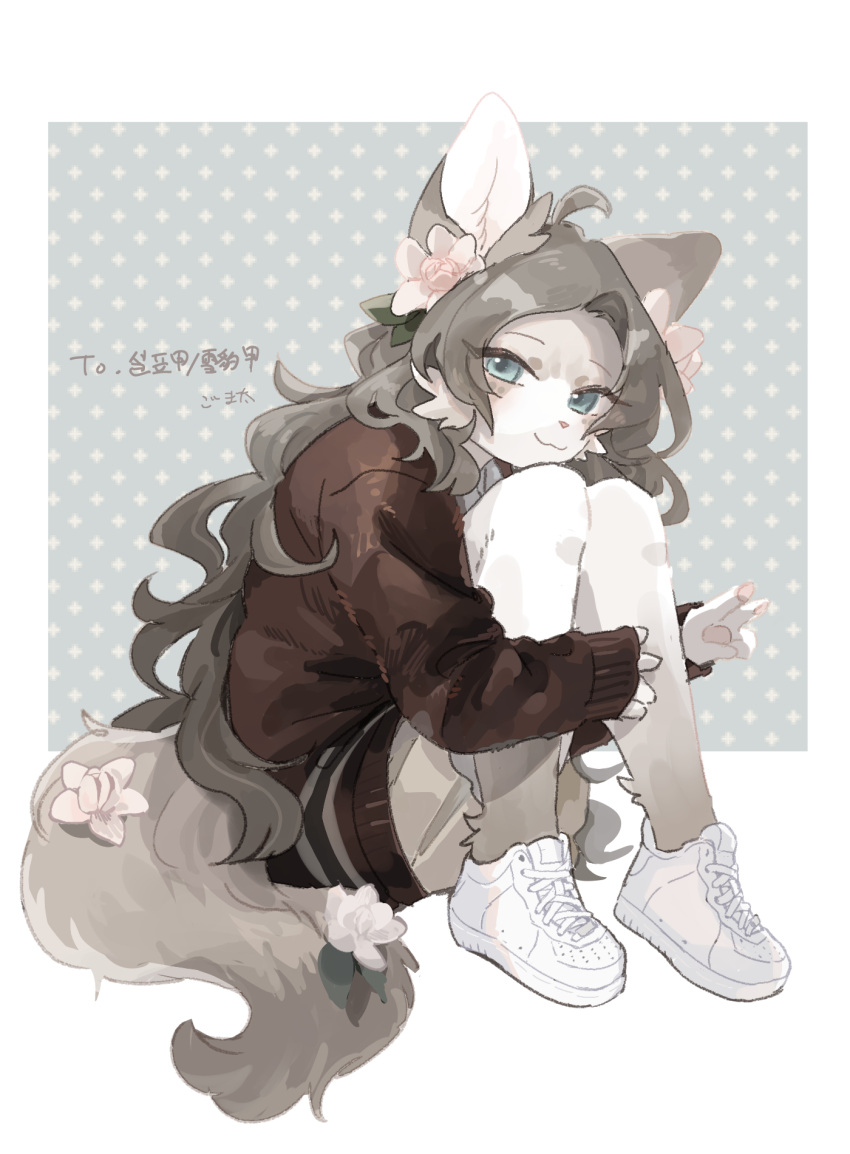 1girl, :3, ahoge, animal_ears, blue_background, blue_eyes, body_fur, border