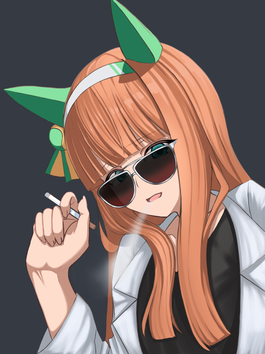 1girl, animal_ears, blunt_bangs, ear_covers, green_eyes, highres, horse_ears, horse_girl, long_hair, looking_at_viewer, onekotanland, orange_hair, silence_suzuka_(umamusume), smile, smoking, solo, sunglasses, umamusume, umayuru