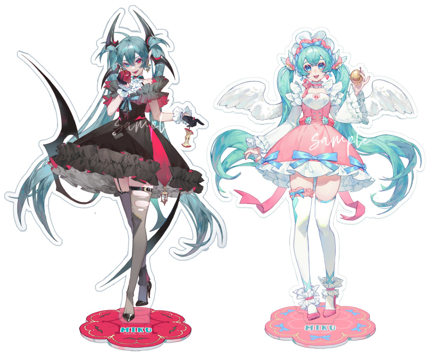 2girls, absurdres, angel_and_devil, angel_wings, ankle_cuffs, apple, apple_core, aqua_hair