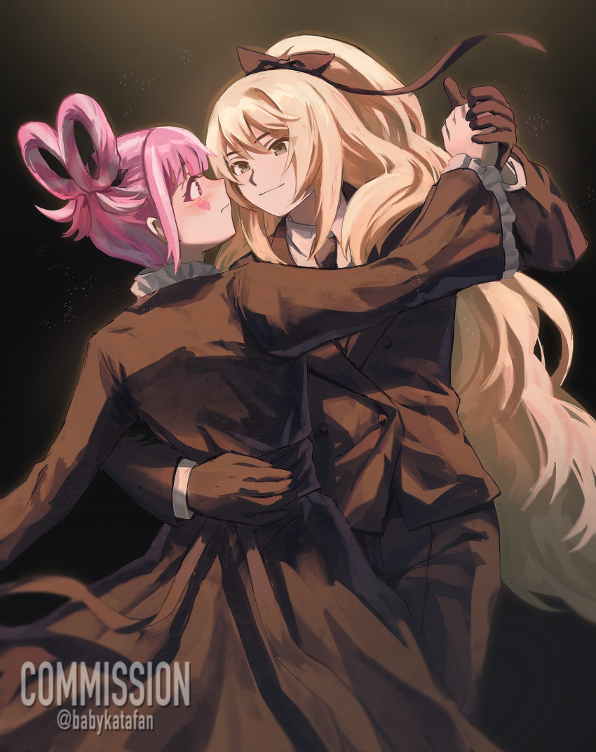 2girls, arm_around_waist, babykatafan, black_dress, black_gloves, black_jacket, black_necktie, black_pants, black_ribbon, black_suit, blonde_hair, celine_(fire_emblem), closed_mouth, commission, dancing, dress, facial_mark, fire_emblem, fire_emblem_engage, gloves, hair_between_eyes, hair_ribbon, heart, heart_facial_mark, highres, holding_hands, hortensia_(fire_emblem), jacket, long_hair, long_sleeves, looking_at_another, multiple_girls, necktie, pants, pink_hair, ponytail, ribbon, smile, suit, twitter_username, very_long_hair, yuri