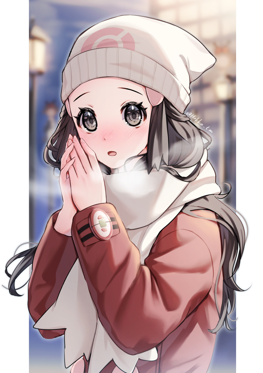 1girl, :o, absurdres, beanie, black_hair, blurry, blurry_background, breath, coat, commentary_request, eyelashes, hair_ornament, hairclip, hands_up, hat, highres, hikari_(pokemon), hokka_tm, long_hair, long_sleeves, open_mouth, own_hands_together, pillarboxed, pokemon, pokemon_dppt, pokemon_platinum, red_coat, scarf, solo, upper_body, white_headwear, white_scarf, winter_clothes