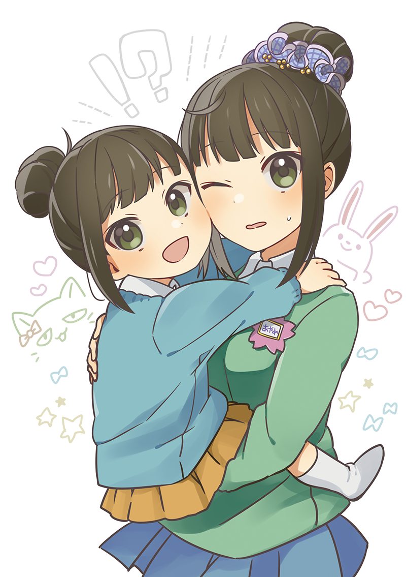 !?, 1girl, black_hair, blush, carrying, cheek-to-cheek, child, child_carry