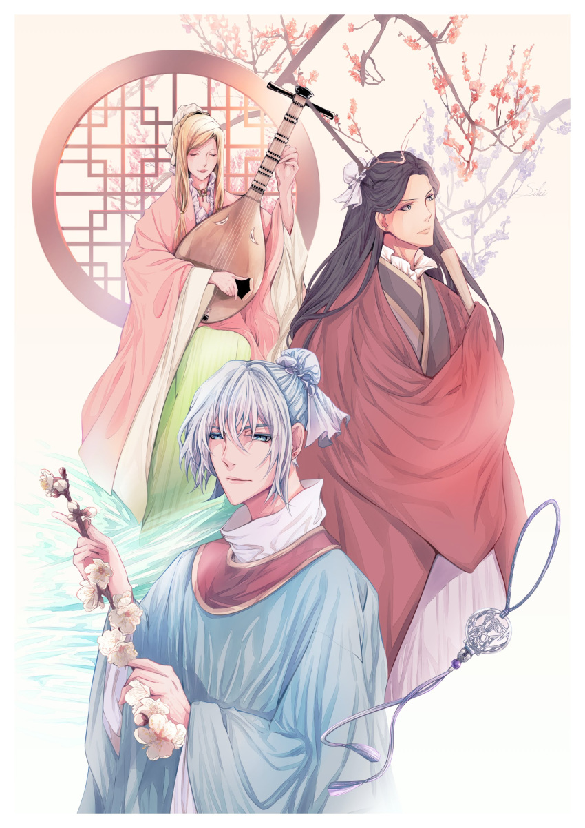 1girl, 2boys, absurdres, black_hair, blonde_hair, blue_eyes, branch, chinese_clothes, closed_eyes, folding_fan, grey_hair, hand_fan, highres, holding, holding_fan, holding_instrument, instrument, kou_reishin, kou_yuri, li_kouyuu, long_hair, medallion, multiple_boys, music, playing_instrument, plectrum, saiunkoku_monogatari, short_hair, siki-eterna