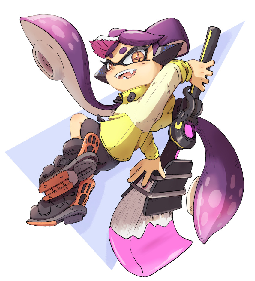 1girl, absurdres, black_footwear, bow-shaped_hair, callie_(splatoon), commentary_request, food, food_on_head