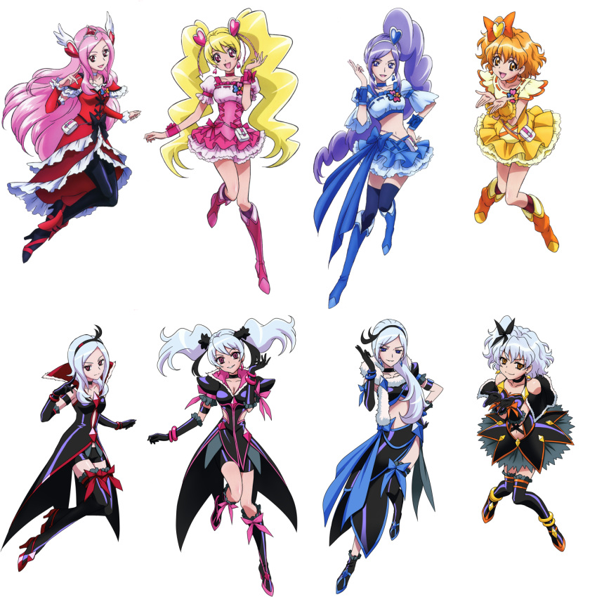 aono_miki, corruption, cure_berry, cure_peach, cure_pine, dark_persona, eas_(fresh_precure!), fresh_precure!, higashi_setsuna, highres, magical_girl, midriff, momozono_love, multiple_girls, non-web_source, precure, thigh-highs, transparent_background, twintails, white_hair, yamabuki_inori, zettai_ryouiki