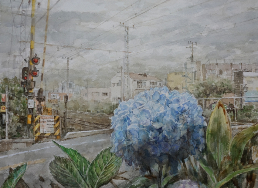 blue_flower, flower, grey_sky, motor_vehicle, no_humans, original, painting_(medium), plant