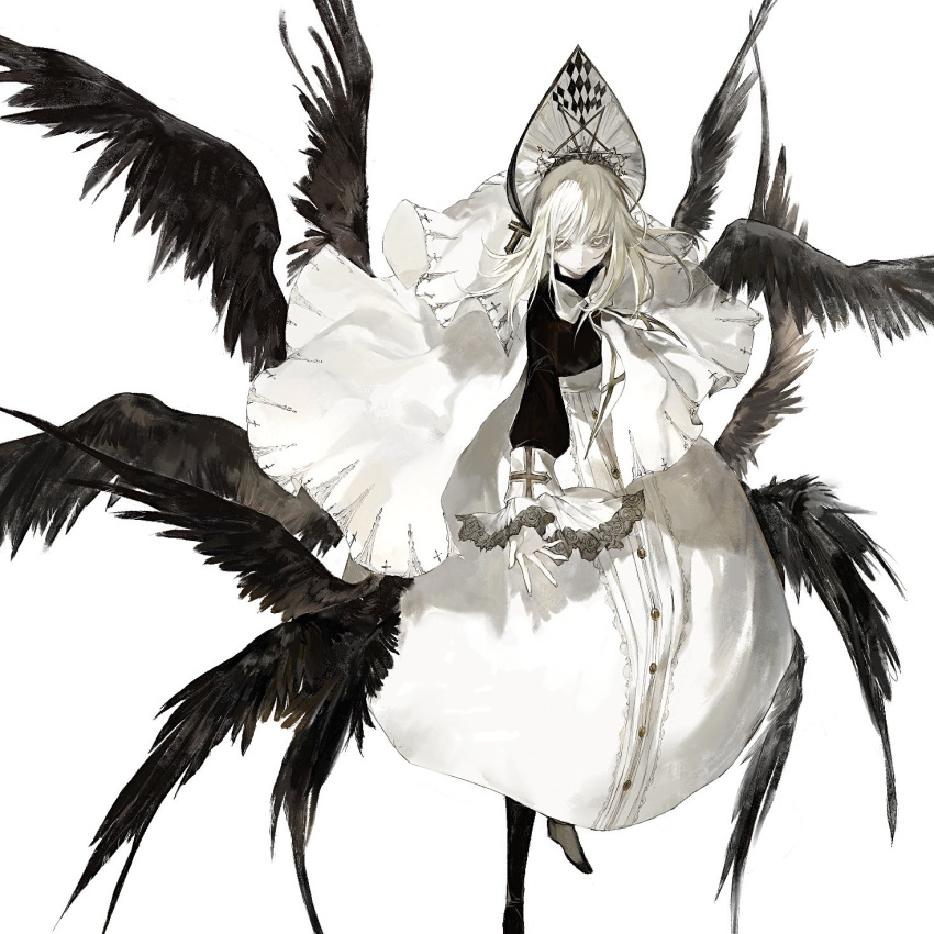 1girl, black_footwear, black_shirt, black_wings, buttons, grey_eyes, highres, inverted_pentagram