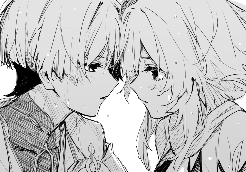 1boy, 1girl, blush, commentary_request, eye_contact, genshin_impact, greyscale, hetero