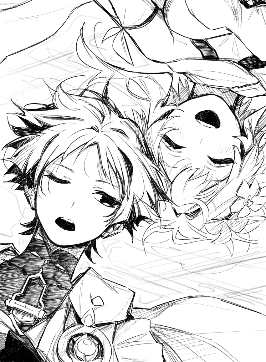 1boy, 1girl, absurdres, blush, commentary_request, genshin_impact, greyscale, highres
