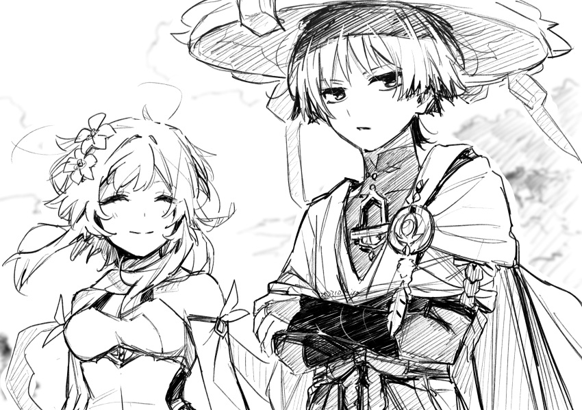 1boy, 1girl, closed_eyes, commentary_request, crossed_arms, genshin_impact, greyscale, hat