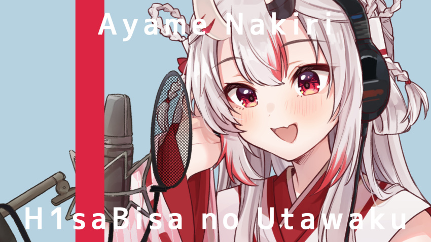 1girl, :d, blue_background, blush, commentary_request, dakuryuu, fang, headphones