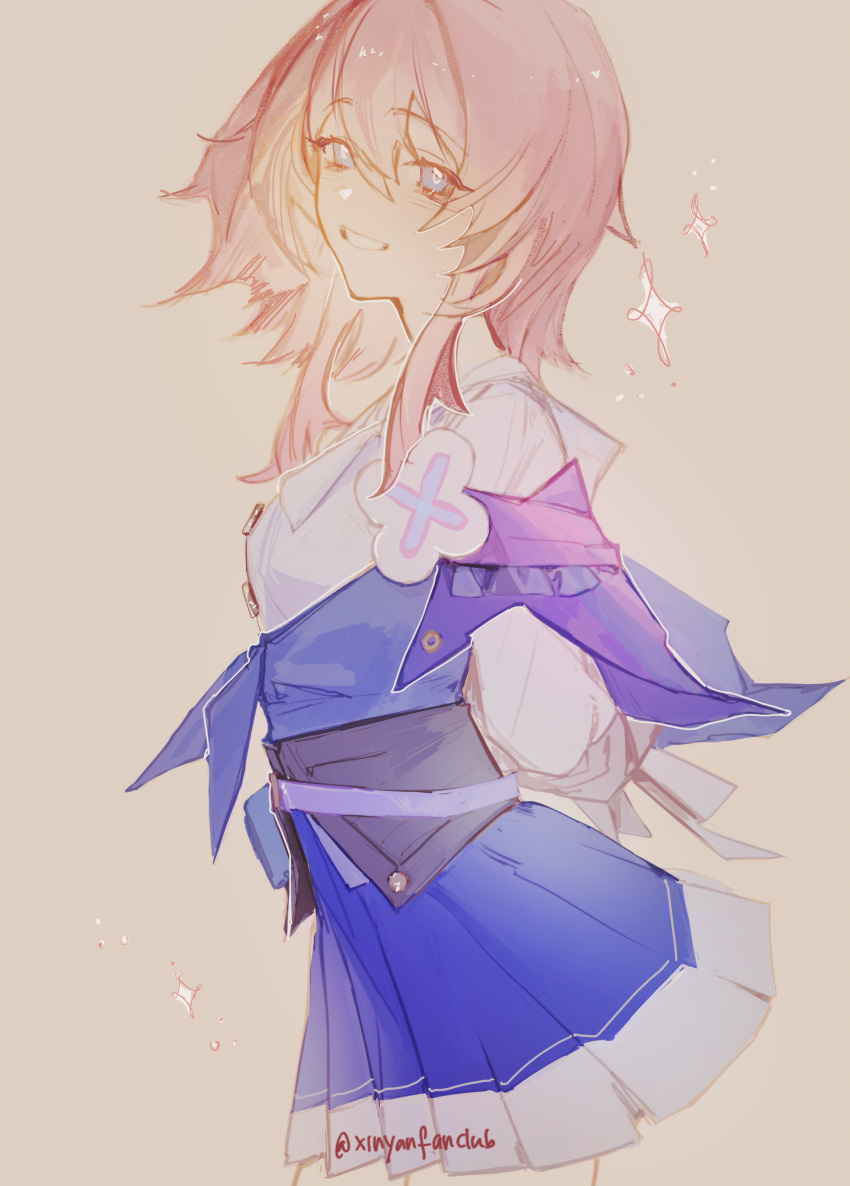 1girl, absurdres, arms_behind_back, blue_eyes, blue_jacket, blue_skirt, breasts, commentary