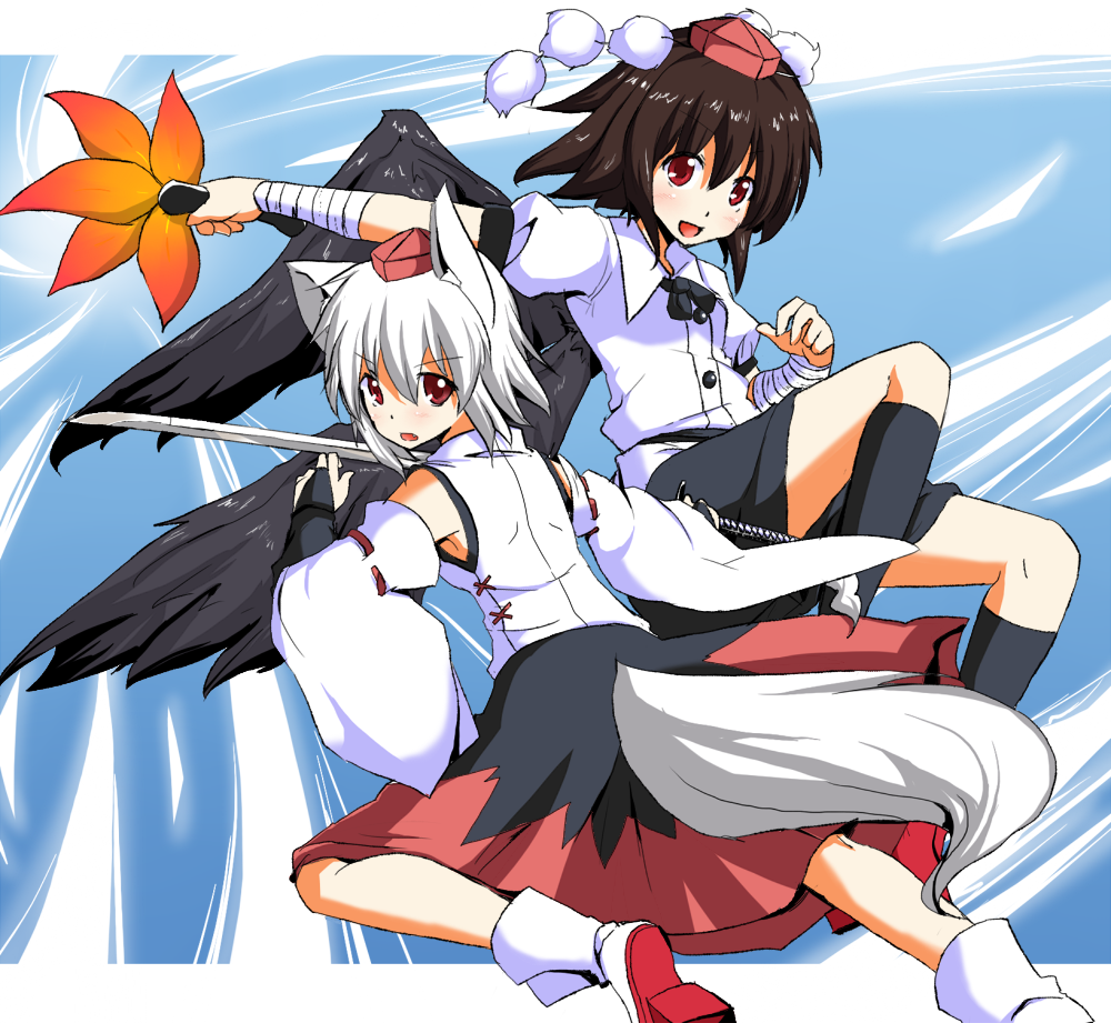 2girls, animal_ears, brown_hair, fan, gloves, inubashiri_momiji, katana, multiple_girls