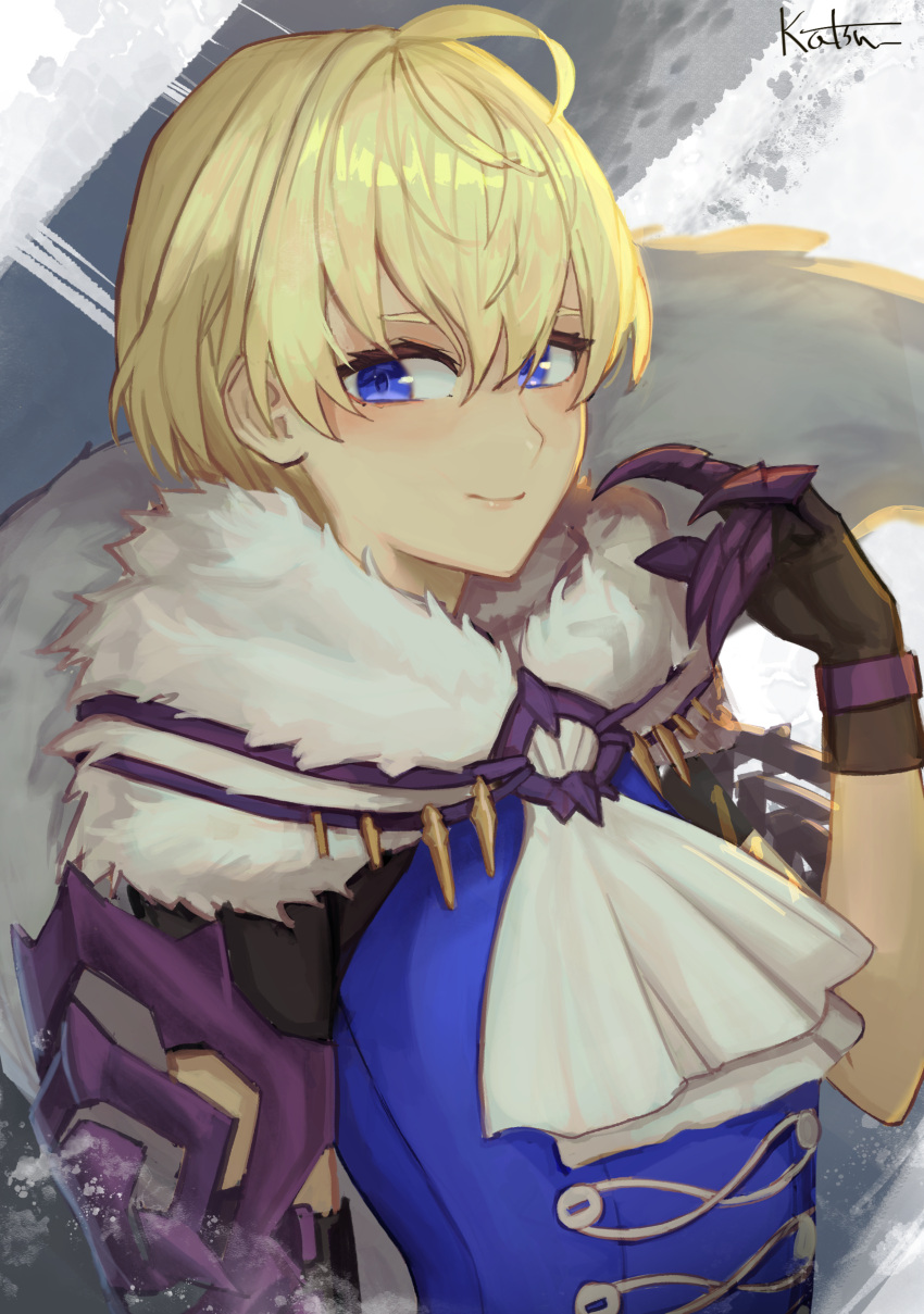 1girl, absurdres, artist_name, ascot, black_gloves, blonde_hair, blue_eyes, blue_shirt