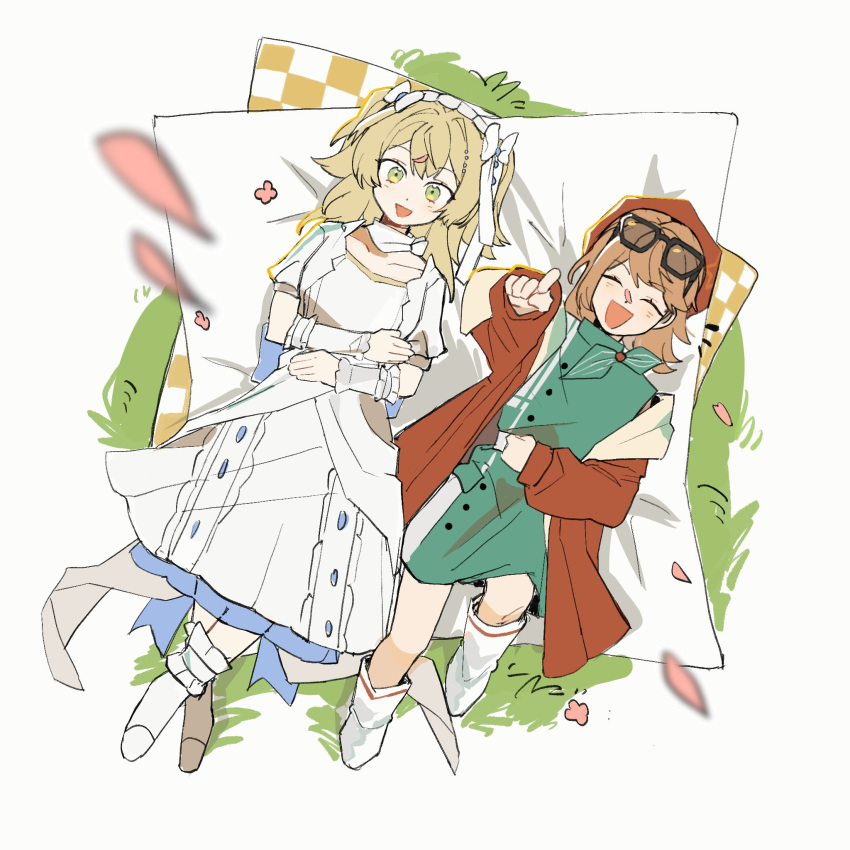 2girls, blanket, blonde_hair, bobodoki, brown_hair, closed_eyes, commentary_request, detached_sleeves, dress, eyewear_on_head, flower, from_above, grass, green_dress, green_eyes, highres, jacket, laughing, long_hair, long_sleeves, lying, medium_hair, multiple_girls, on_back, open_clothes, open_jacket, open_mouth, pink_flower, pointing, pointing_at_viewer, red_headwear, red_jacket, regulus_(reverse:1999), reverse:1999, short_sleeves, smile, sotheby, sunglasses, white_dress, white_footwear, white_headdress, white_sleeves