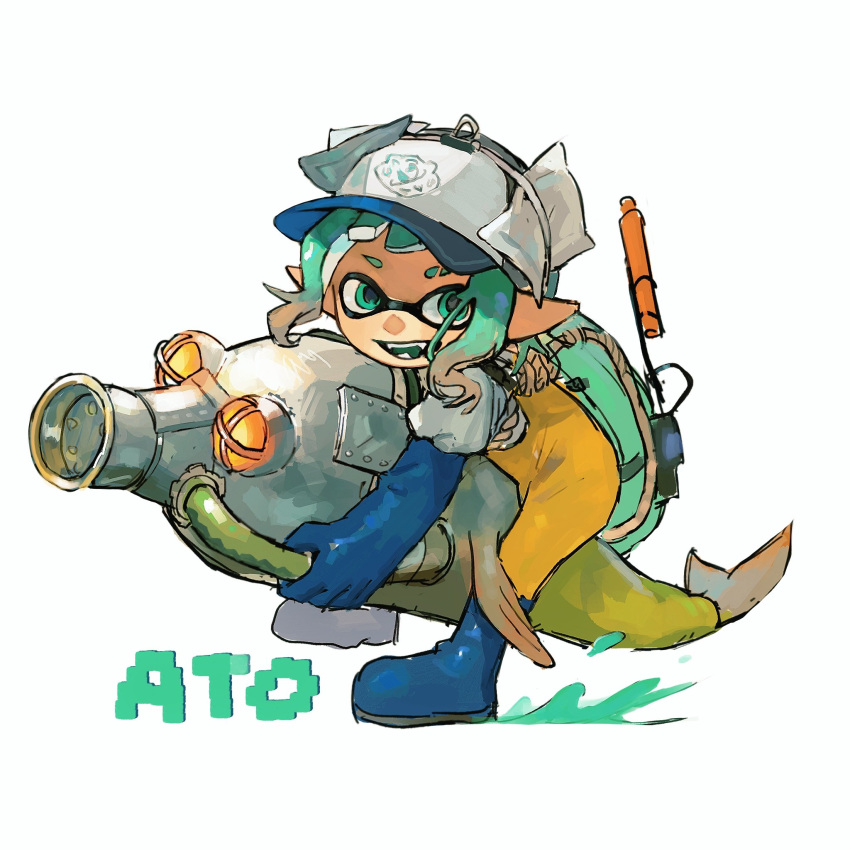 1boy, aqua_eyes, aqua_hair, baseball_cap, blue_gloves, boots, commentary_request, dolphin