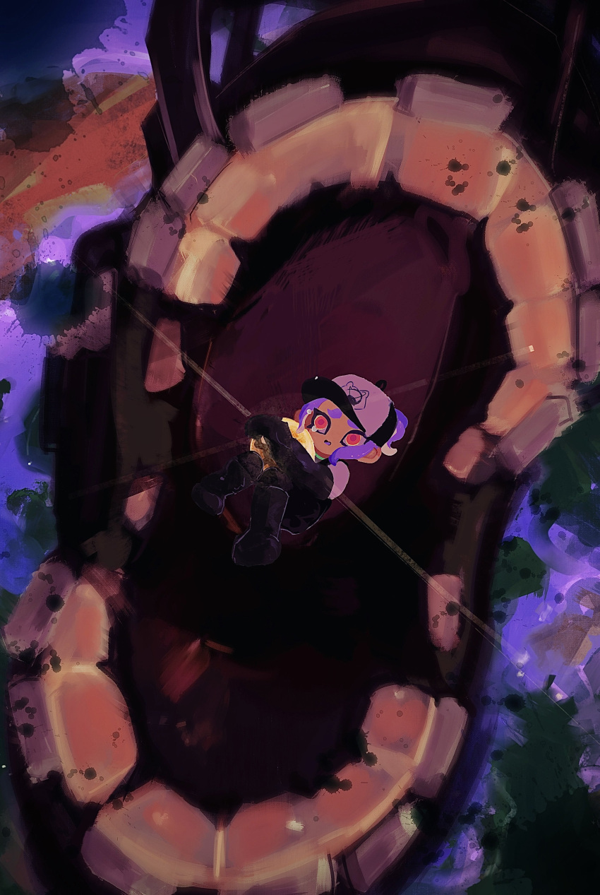 1girl, absurdres, baseball_cap, black_footwear, black_gloves, black_overalls, boots, egg