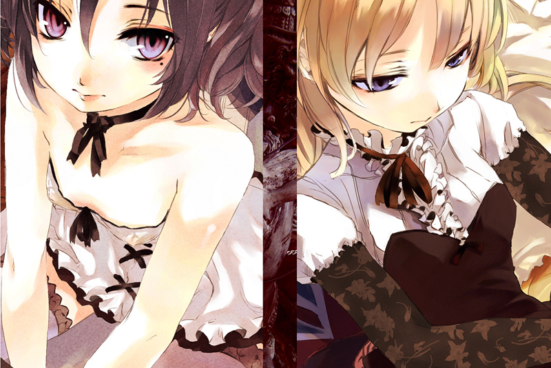 bare_shoulders, blonde_hair, down_blouse, face, gothic_lolita, lolita_fashion, mole, multiple_girls, okome, purple_eyes, purple_hair, shunsei_(muratou), thigh-highs, thighhighs, violet_eyes, zettai_ryouiki