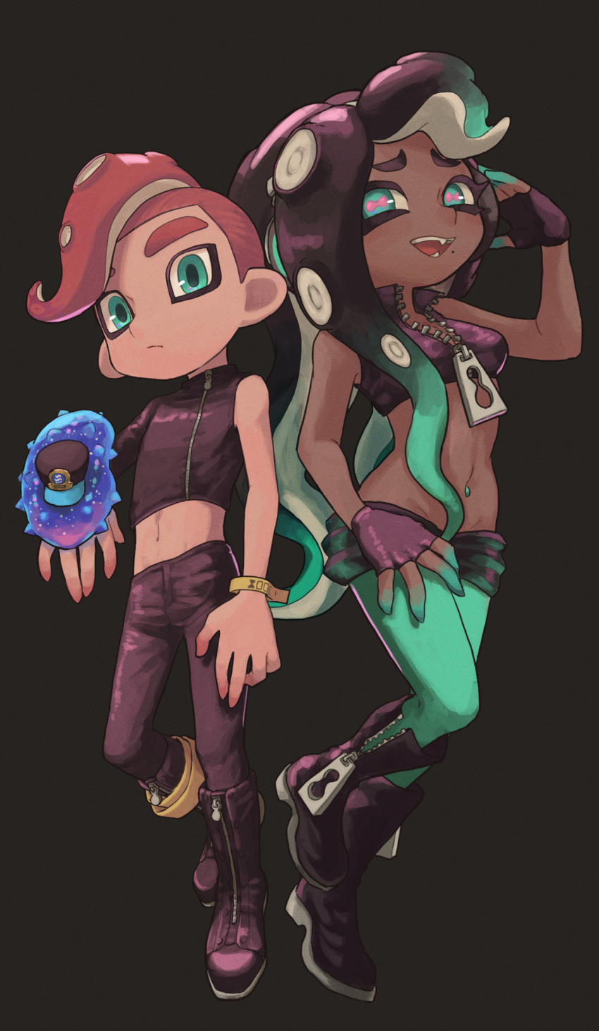 1boy, 1girl, agent_8_(splatoon), asymmetrical_sleeves, black_hair, breasts, c.q._cumber_(splatoon), cephalopod_eyes