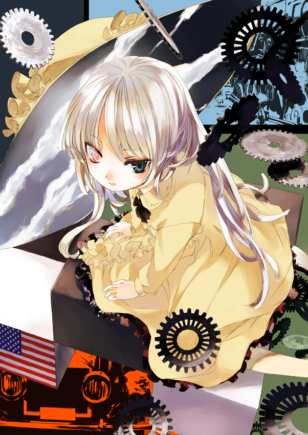 american_flag, car, face, gears, hat, heterochromia, long_hair, motor_vehicle, okome, purple_hair, shunsei_(muratou), sitting, solo, vehicle