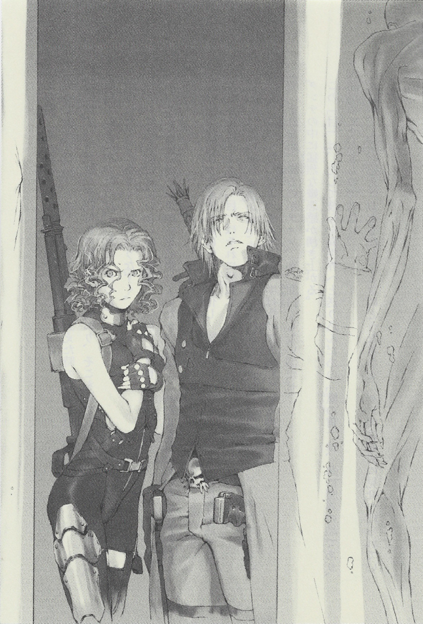 1boy, 1girl, 1other, absurdres, anti-materiel_rifle, beryl_(devil_may_cry), coat, curly_hair