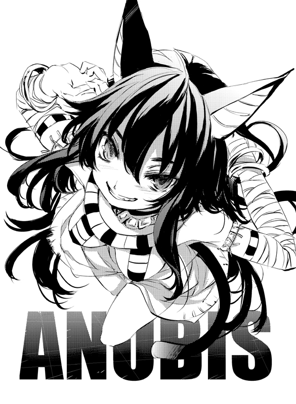 bandages, black_hair, cat_ears, cat_tail, face, grin, long_hair, monochrome
