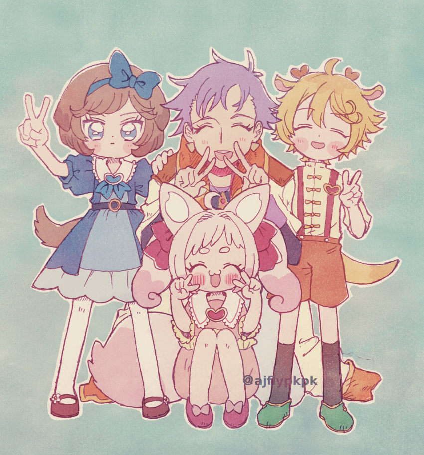 2boys, 2girls, aji_fry, animal_ears, blonde_hair, blue_eyes, blush, bow