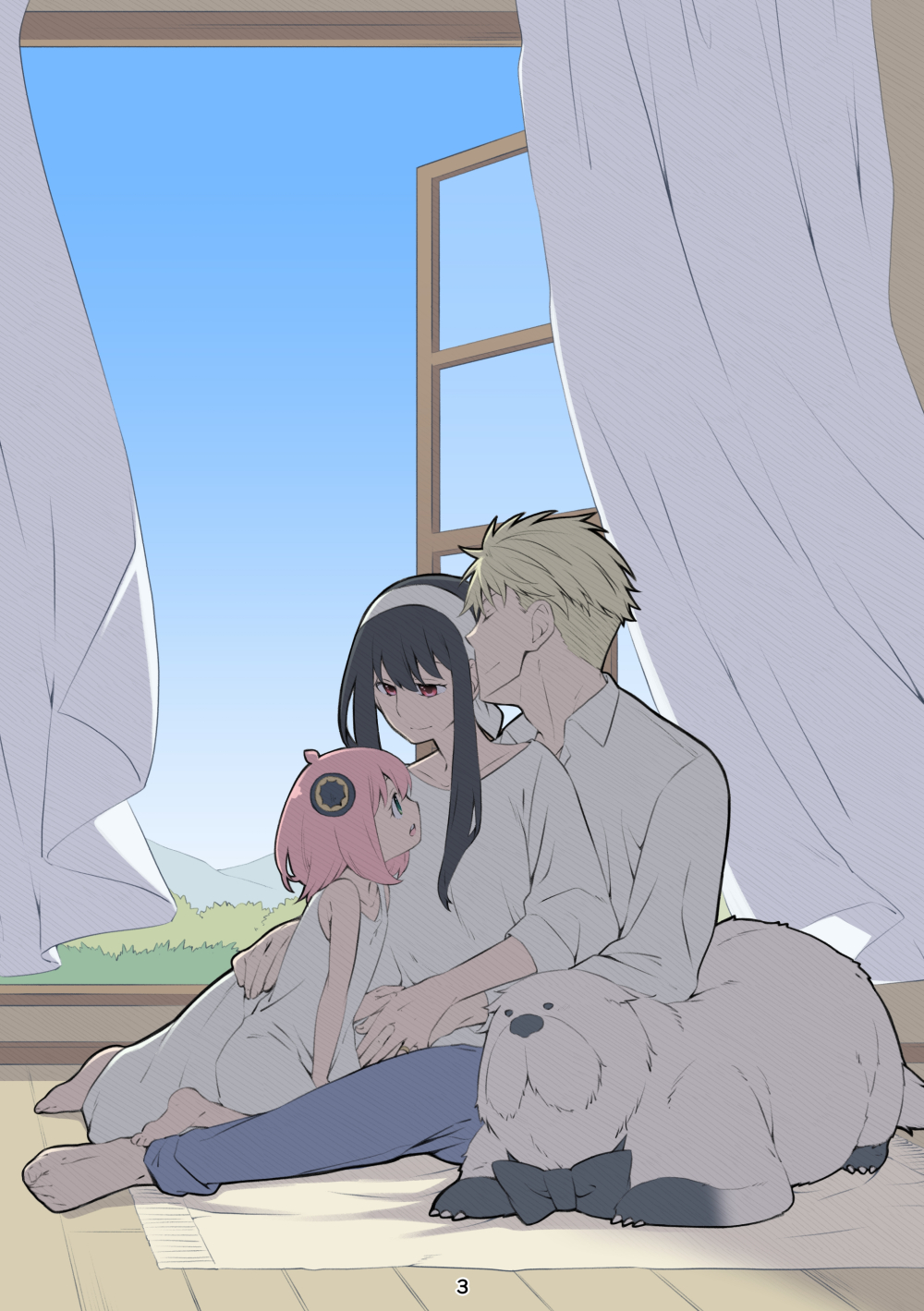 1boy, 2girls, anya_(spy_x_family), barefoot, black_hair, blonde_hair, blue_pants, bond_(spy_x_family)