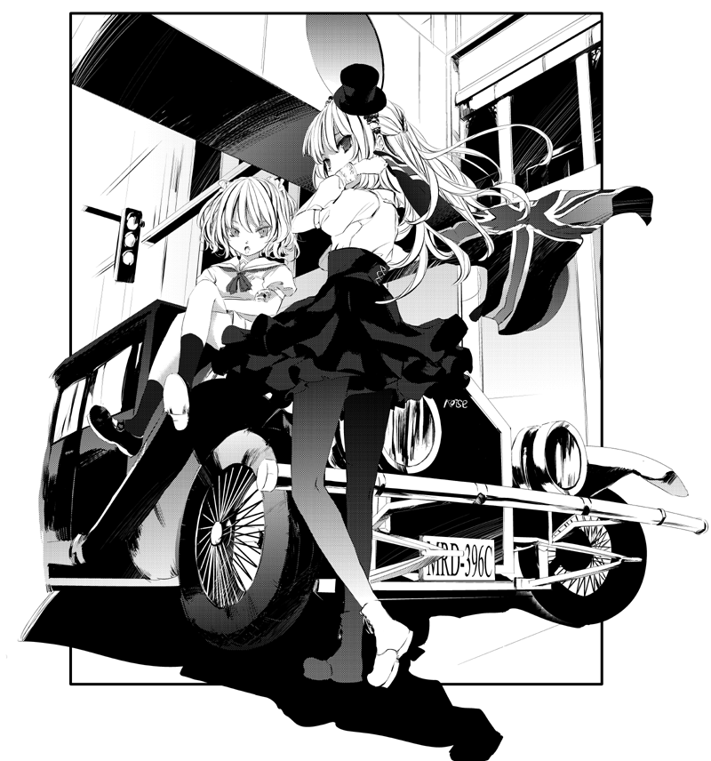 car, hat, long_hair, monochrome, motor_vehicle, multiple_girls, okome, pantyhose