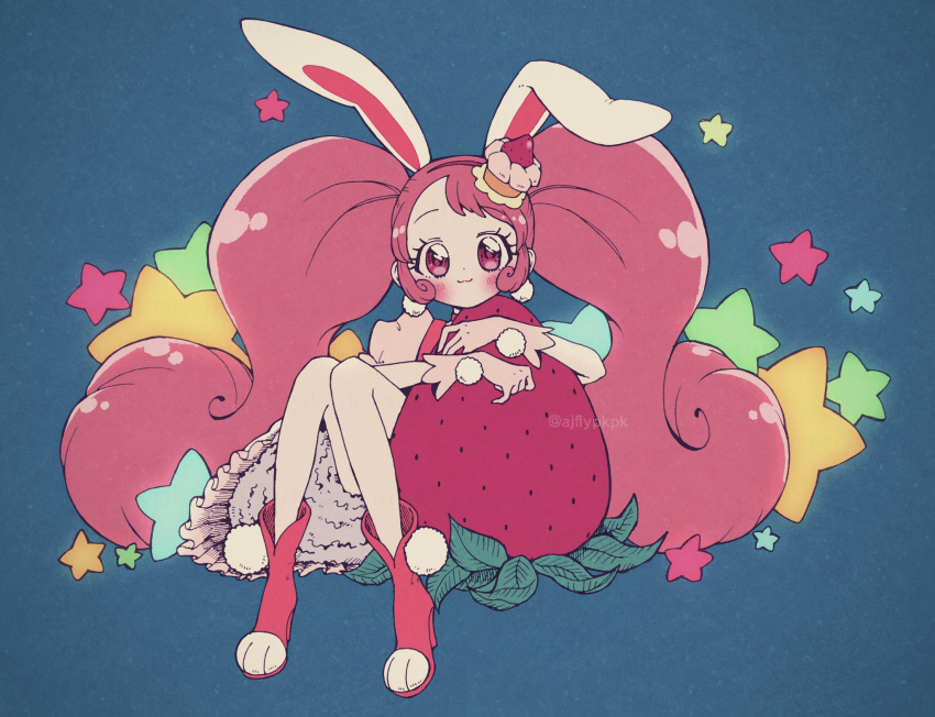 1girl, :3, aji_fry, animal_ears, blush, bow, cake_hair_ornament, commentary_request