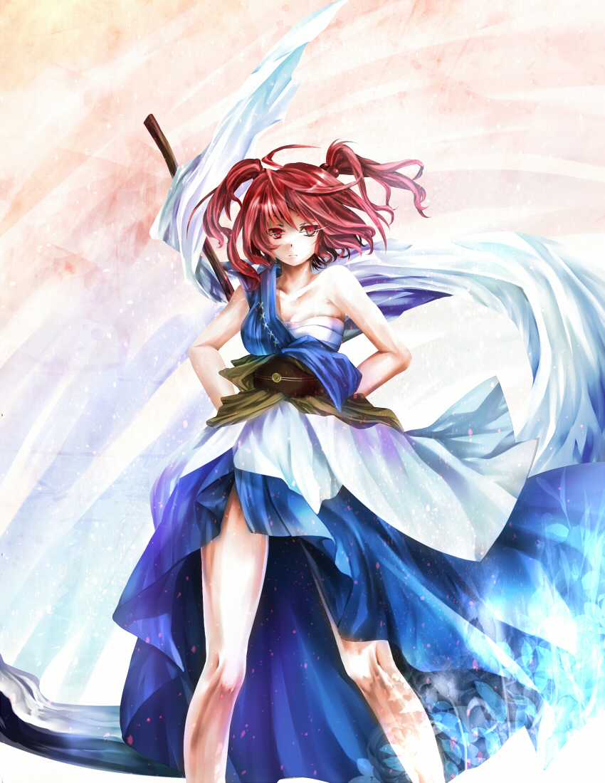 breasts, cleavage, hair_bobbles, hair_ornament, onozuka_komachi, red_eyes, red_hair, redhead