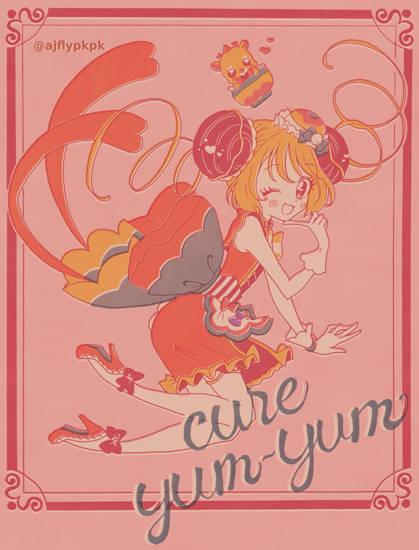 1girl, aji_fry, ankle_bow, back_bow, blonde_hair, bow, bun_cover, commentary_request