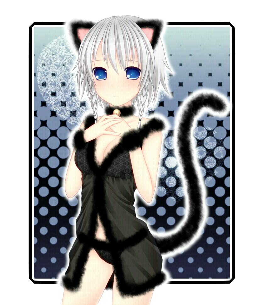 animal_ears, baby_doll, babydoll, bad_id, bell, blue_eyes, blush, braid, cat_ears, choker, izayoi_sakuya, kabata_(mechisan), kemonomimi_mode, lingerie, silver_hair, solo, tail, touhou, twin_braids, underwear
