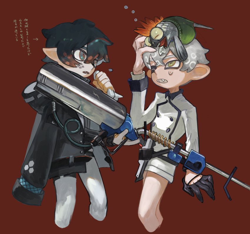 2boys, absurdres, arknights, cropped_legs, crossover, e-liter_4k_(splatoon), faust_(arknights), gloves