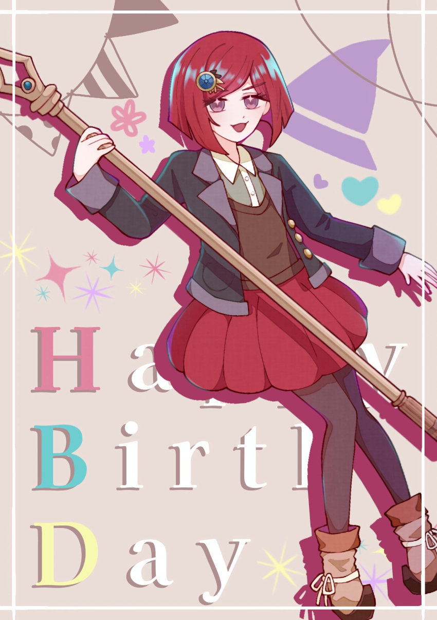 1girl, :d, arm_up, black_jacket, brown_footwear, brown_pantyhose, brown_vest, danganronpa_(series), danganronpa_v3:_killing_harmony, dr_03zeromi, dress_shirt, gem_hair_ornament, happy_birthday, heart, highres, holding, holding_staff, jacket, long_sleeves, miniskirt, open_clothes, open_jacket, open_mouth, pantyhose, red_eyes, red_skirt, redhead, shirt, short_hair, skirt, smile, solo, staff, two-tone_shirt, vest, white_shirt, yumeno_himiko