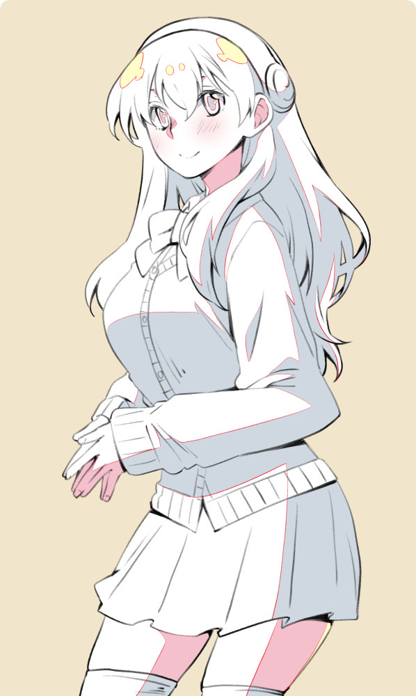 1girl, breasts, brown_background, cardigan, commentary_request, dr._stone, eyebrows_hidden_by_hair, hairband