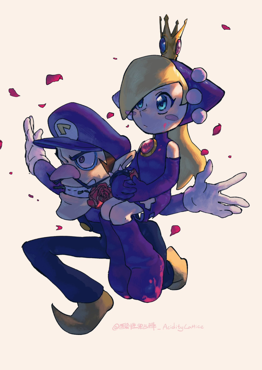 1boy, 1girl, acidity_lattice, big_nose, blonde_hair, blue_eyes, blush_stickers, boots