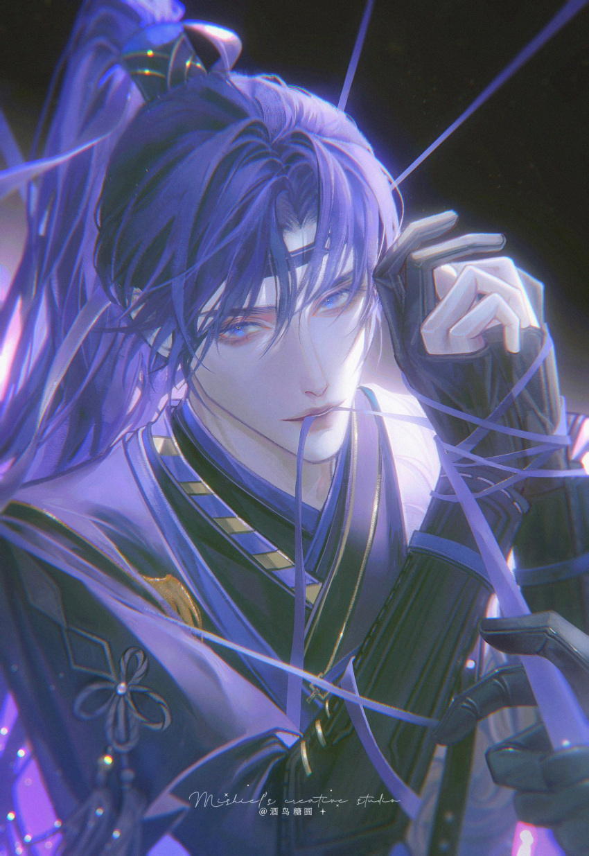 1boy, arms_up, bishounen, blue_eyes, blue_hair, blurry, bound, bound_arms, bound_wrists, chinese_clothes, chromatic_aberration, code:_kite, dark_blue_hair, depth_of_field, film_grain, flower_knot, fu_rong_(code:_kite), hanfu, headband, high_ponytail, highres, long_hair, looking_at_viewer, male_focus, mishiellestonn, motion_blur, mouth_hold, pov, pov_hands, restrained, upper_body, very_long_hair