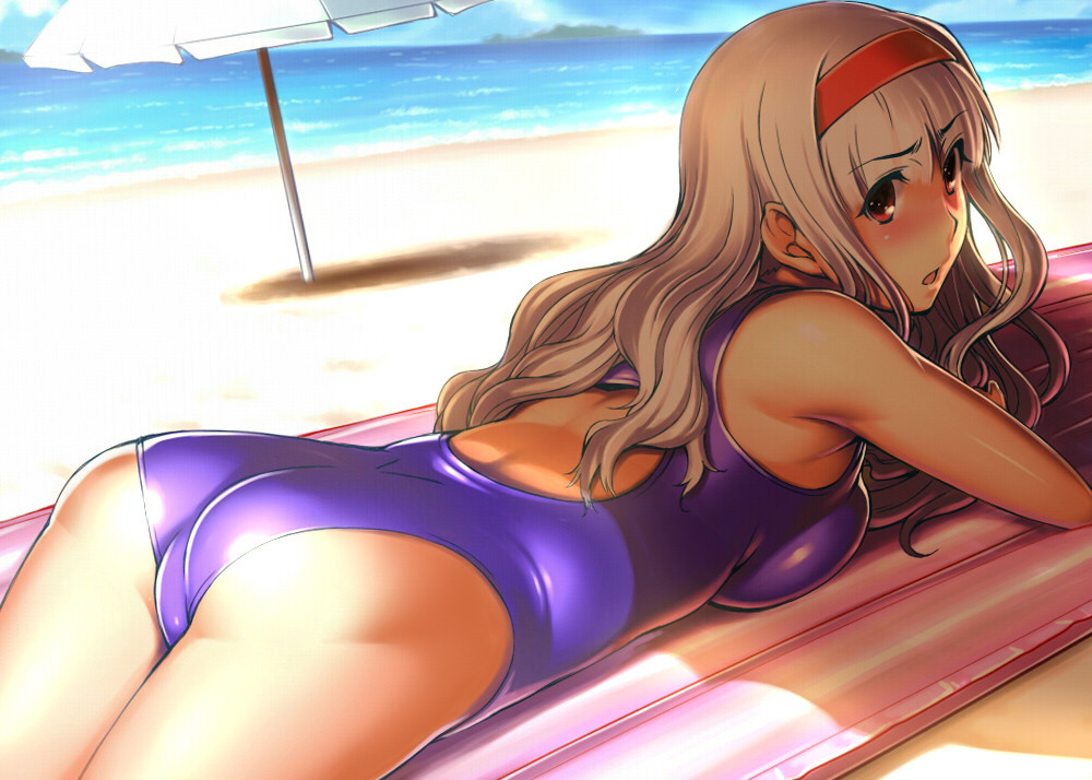ass, bare_shoulders, beach, blonde_hair, blush, breast_press, breasts, competition_swimsuit