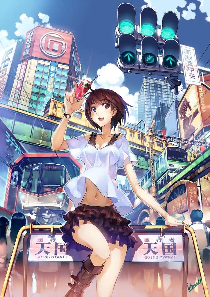 blue_eyes, boots, breasts, brown_hair, building, camera, city, cityscape, cleavage, midriff, navel, original, short_hair, skirt, solo, street, tokyo_(city), train, vania600