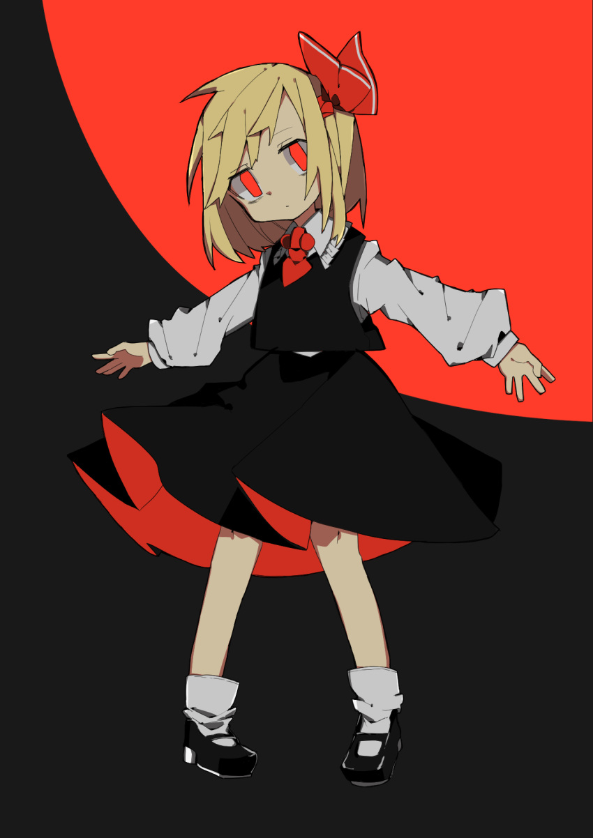 1girl, black_background, black_footwear, black_skirt, black_vest, blonde_hair, collared_shirt, empty_eyes