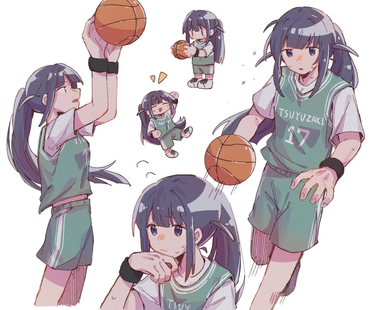 1girl, :d, alternate_hairstyle, arm_up, arms_up, ball, basketball, basketball_(object)