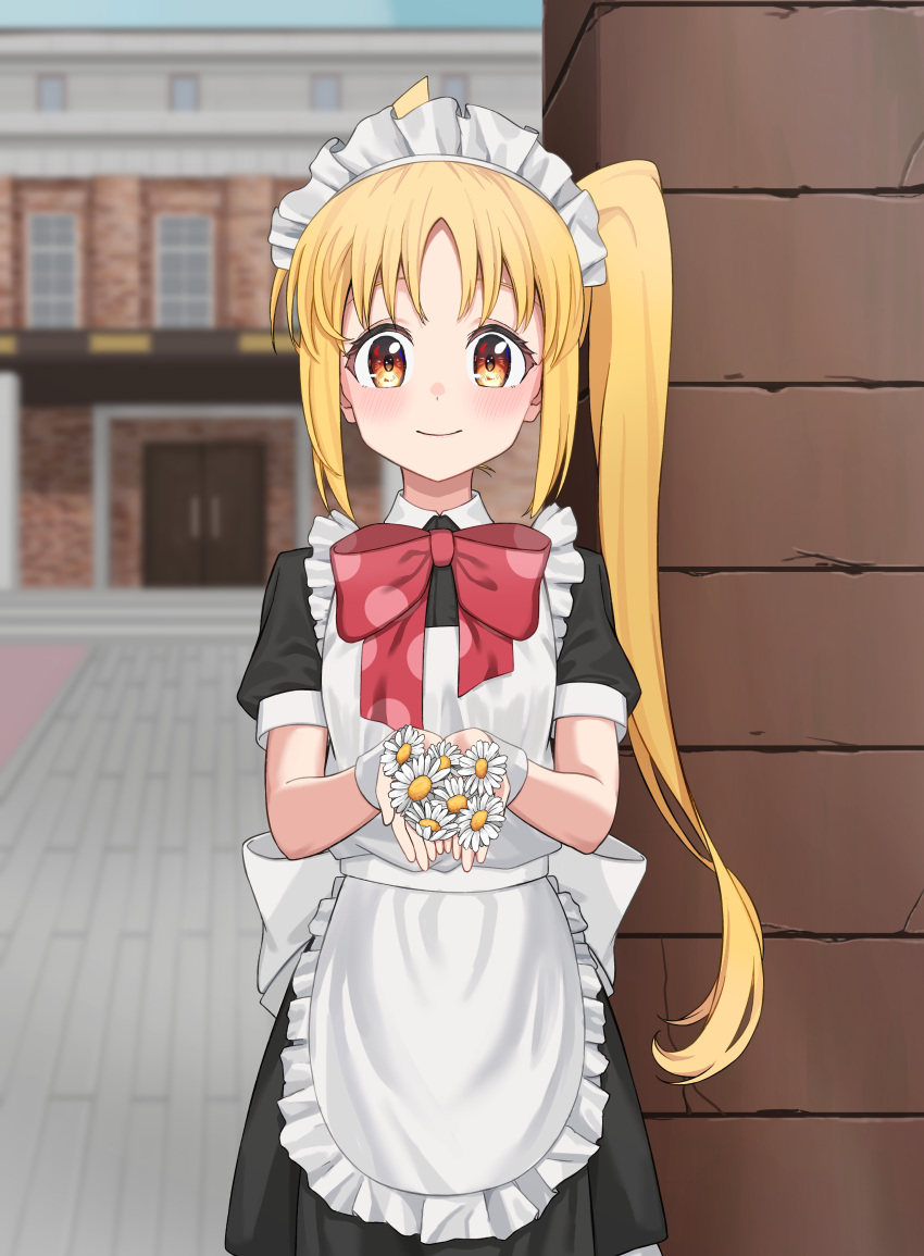1girl, absurdres, apron, black_dress, blonde_hair, blurry, blurry_background, blush