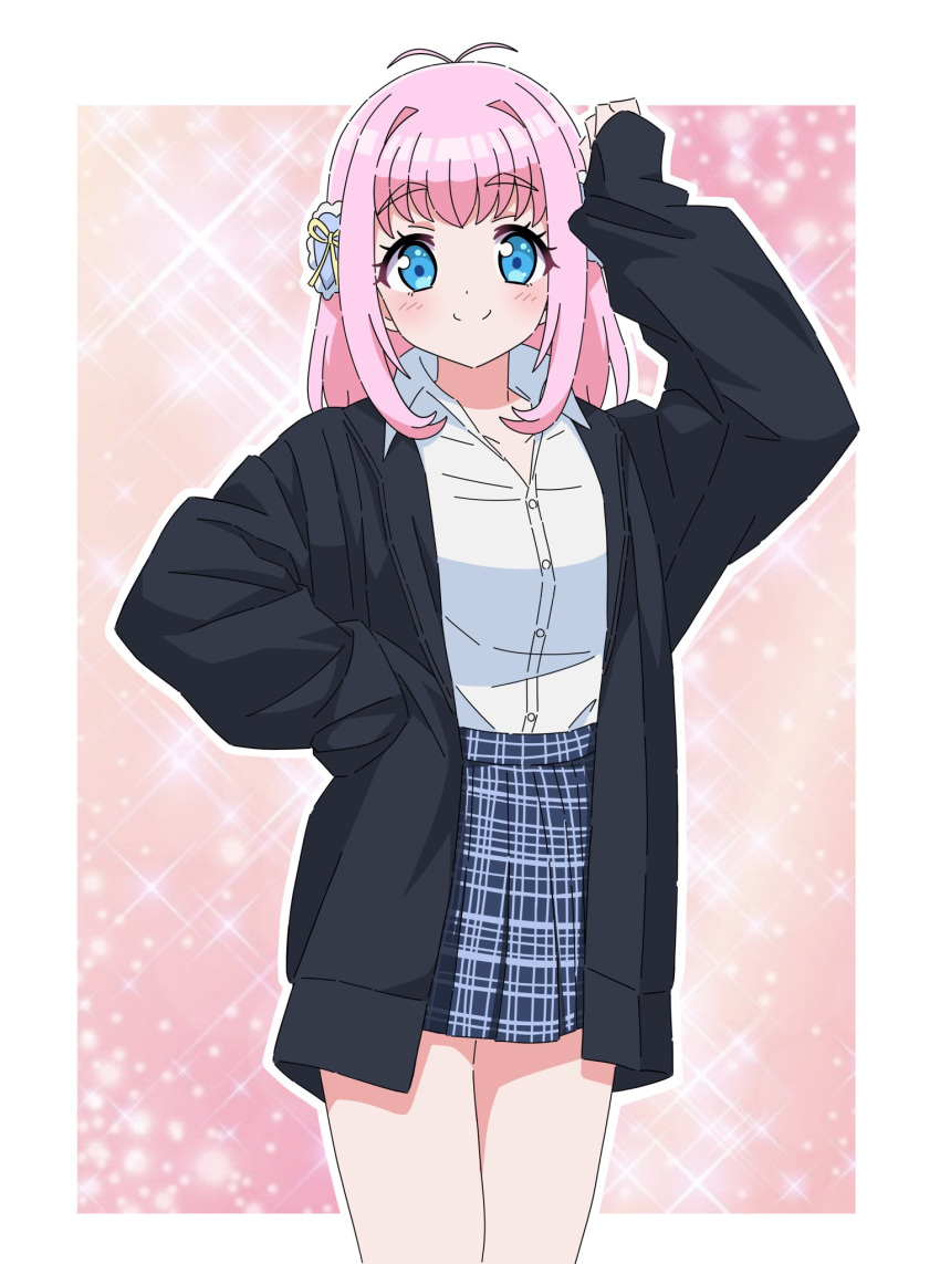 1girl, amauri_miruki, antenna_hair, arm_up, black_jacket, blue_eyes, blue_skirt, closed_mouth, collared_shirt, commentary_request, cowboy_shot, hair_intakes, hair_ornament, hair_ribbon, hand_on_own_hip, heart, heart_hair_ornament, highres, jacket, kousuke0912, long_sleeves, looking_at_viewer, open_clothes, open_jacket, pink_background, pink_hair, plaid, plaid_skirt, pretty_series, ribbon, school_uniform, shirt, short_hair, skirt, sleeves_past_fingers, sleeves_past_wrists, smile, solo, sparkle, standing, waccha_primagi!, white_shirt