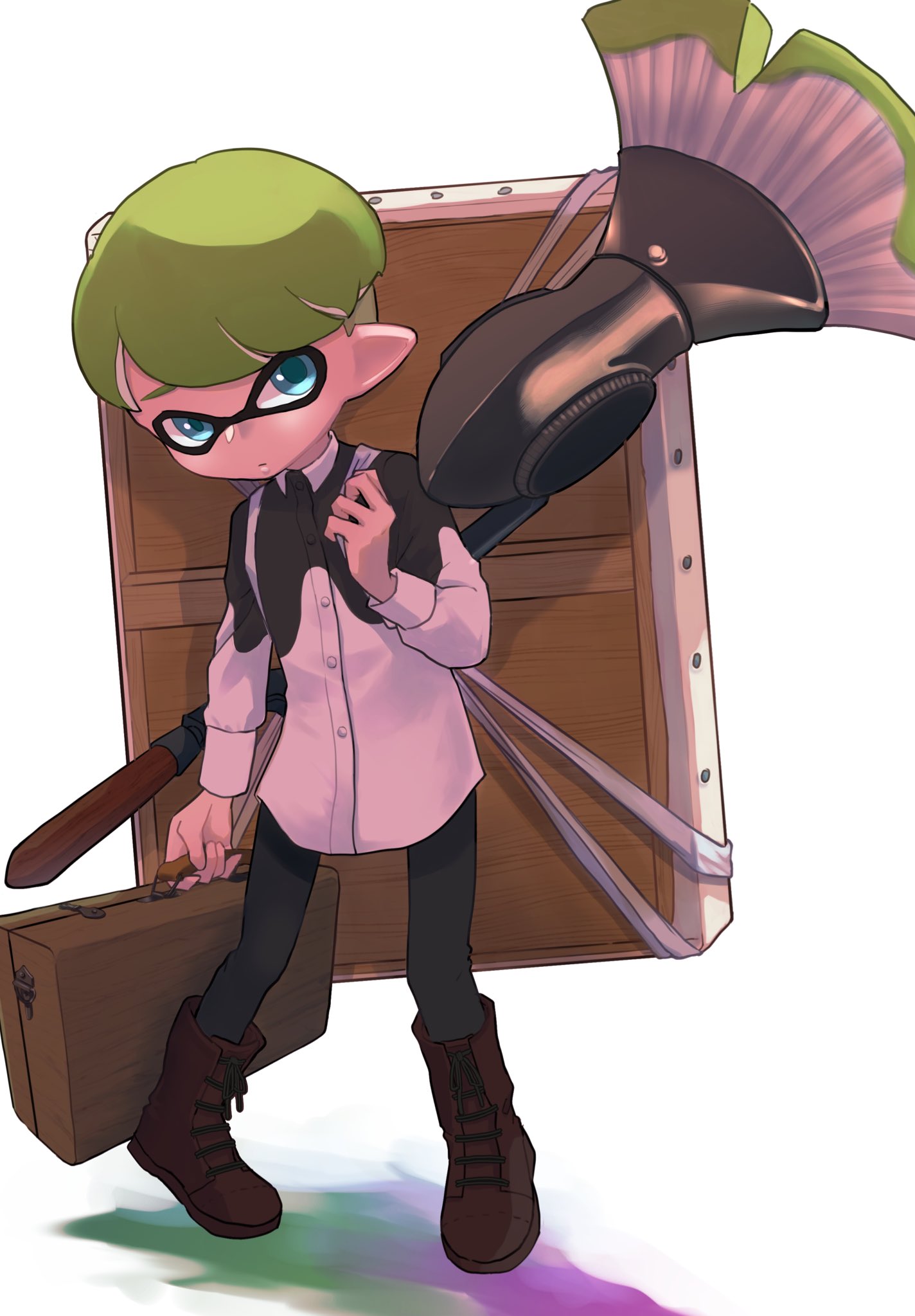 1boy, aqua_eyes, black_pants, boots, brown_footwear, commentary_request, cross-laced_footwear, green_hair