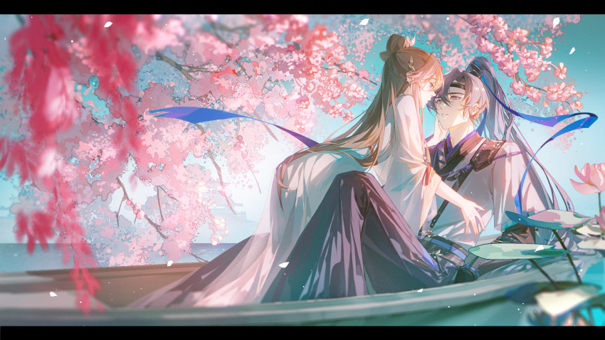 1boy, 1girl, absurdres, boat, brown_hair, cherry_blossoms, chinese_clothes, code:_kite
