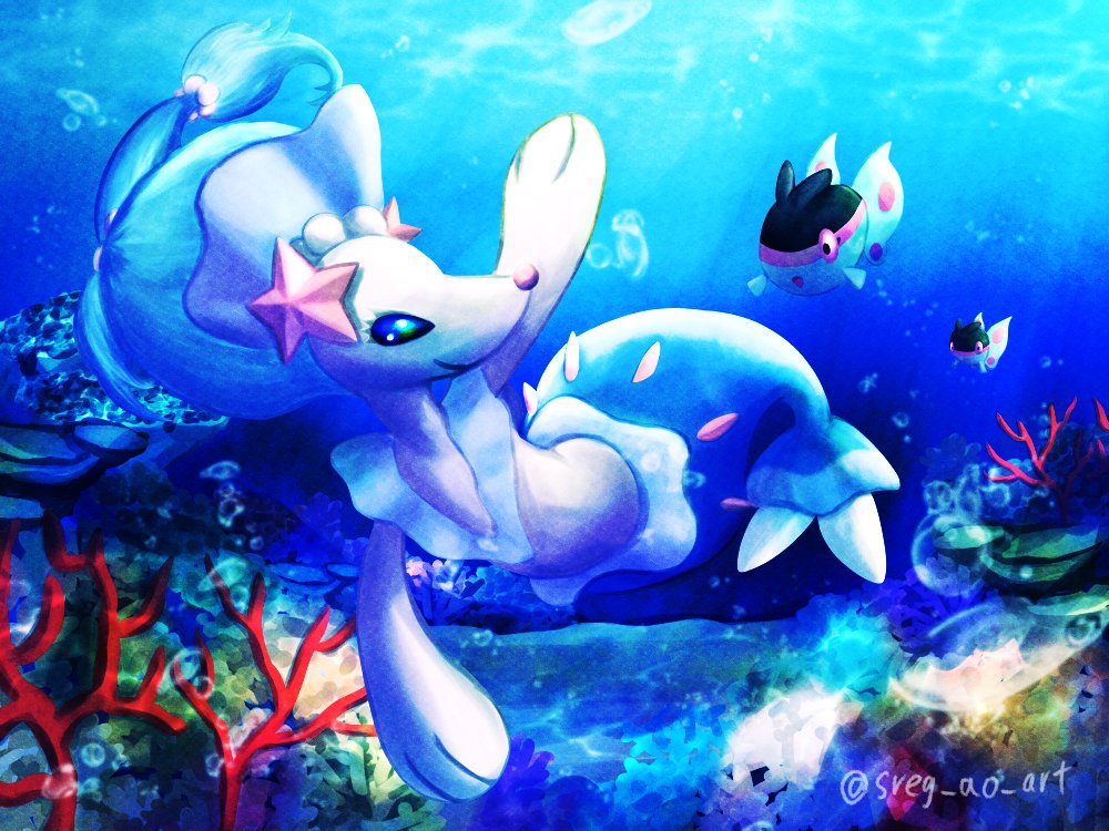 :o, animal_focus, artist_name, blue_hair, bubble, colored_skin, commentary_request, coral